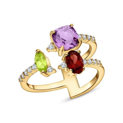 Серебряное кольцо с фианитами, гранатами природными, аметистами природными и хризолитами природными