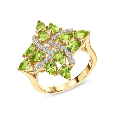 Серебряное кольцо с фианитами и хризолитами природными