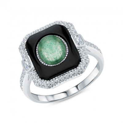 Серебряное кольцо с фианитами, авантюрином и агатами природными