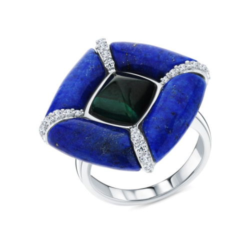Серебряное кольцо с лазуритом, фианитами и малахитом