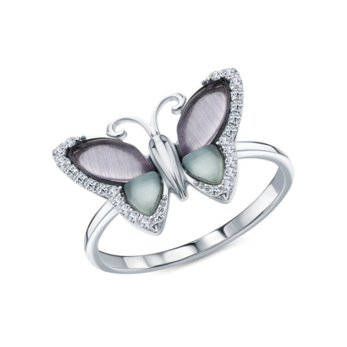 Серебряное кольцо с фианитами и кошачьим глазом