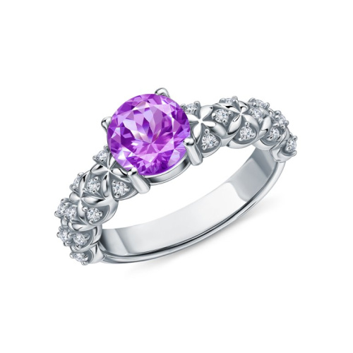 Серебряное кольцо с фианитами и аметистами природными