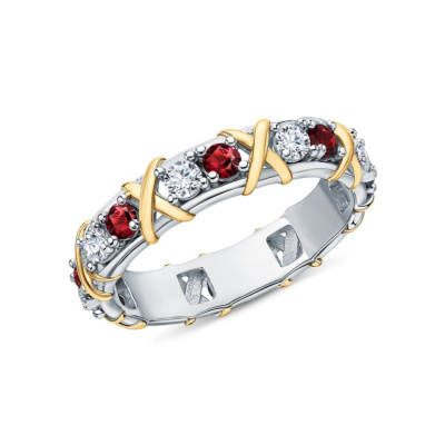 Серебряное кольцо с фианитами и гранатами природными