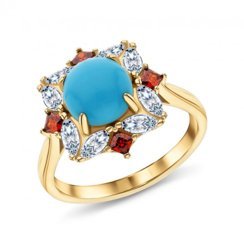 Серебряное кольцо с фианитами и бирюзой синтетической