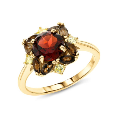 Серебряное кольцо с фианитами, кварцами дымчатыми природными и гранатами природными