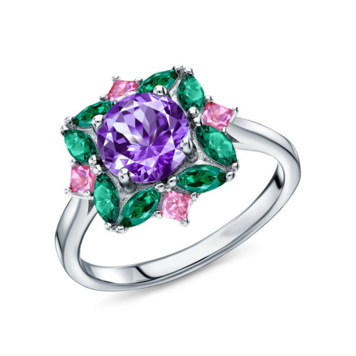 Серебряное кольцо с фианитами и аметистами природными