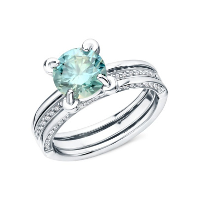 Серебряное кольцо с муассанитом параиба и фианитами