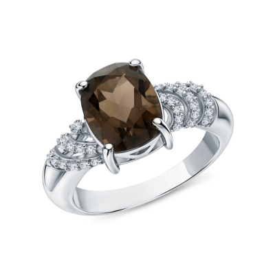 Серебряное кольцо с фианитами и кварцами дымчатыми природными