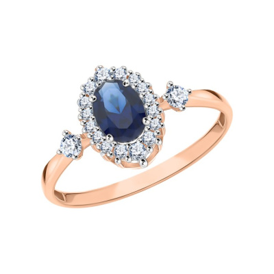 Золотое кольцо с фианитами и ситаллом сапфир