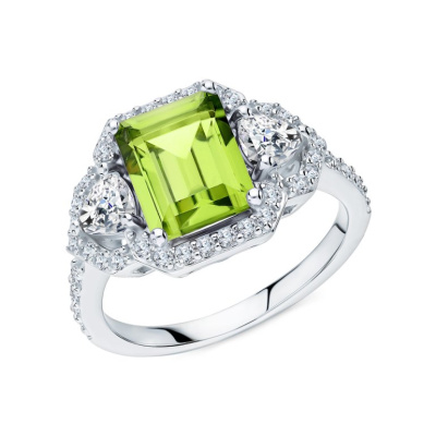 Серебряное кольцо с фианитами и хризолитами природными