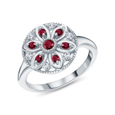 Серебряное кольцо с фианитами и рубинами природными