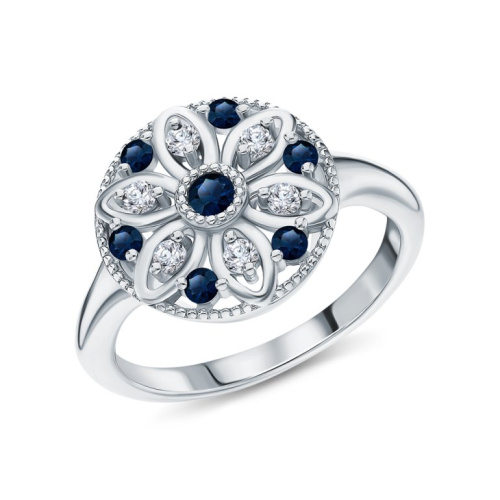 Серебряное кольцо с фианитами и сапфирами природными