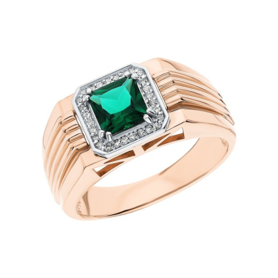 Золотое кольцо с бриллиантами природными и изумрудами выращенными