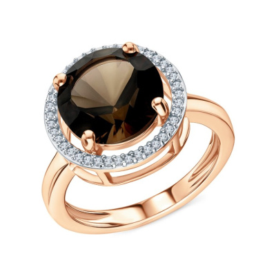 Серебряное кольцо с фианитами и кварцами дымчатыми природными