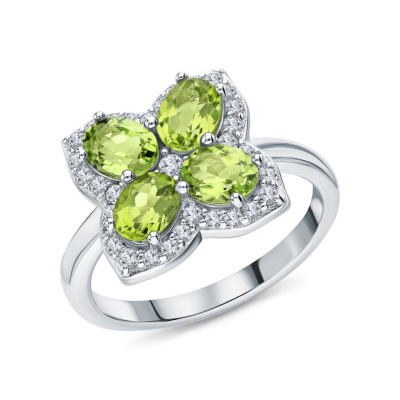 Серебряное кольцо с фианитами и хризолитами природными