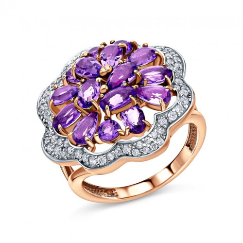 Серебряное кольцо с фианитами и аметистами природными