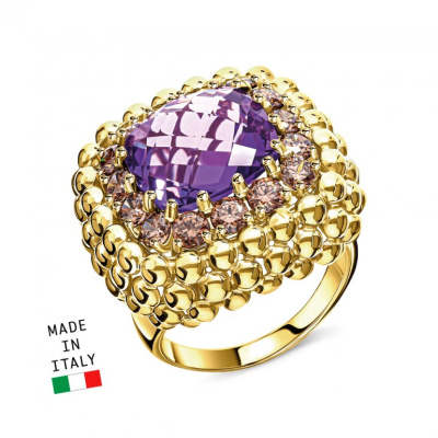 Золотое кольцо с фианитами и аметистом синтетическим