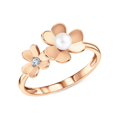 Золотое кольцо с жемчугом и фианитом