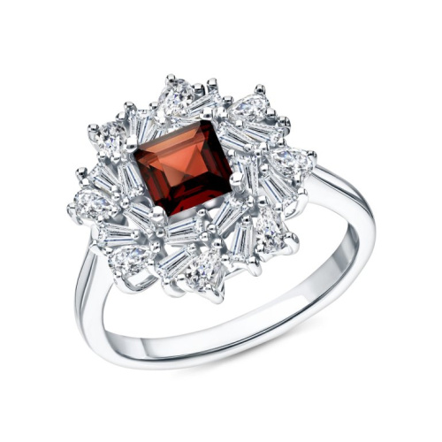 Серебряное кольцо с фианитами и гранатами природными