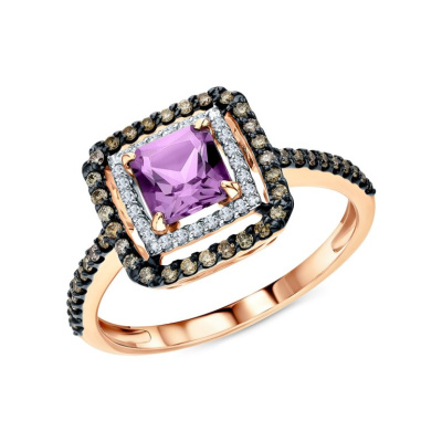 Золотое кольцо с бриллиантами природными и аметистами природными