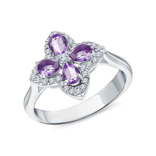 Серебряное кольцо с фианитами и аметистами природными