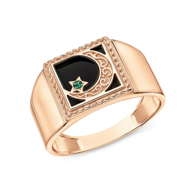 Золотое кольцо с изумрудами природными и ониксом природным