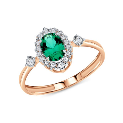 Золотое кольцо с фианитами и ситаллом изумруд