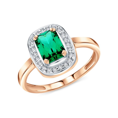 Золотое кольцо с фианитами и ситаллом изумруд