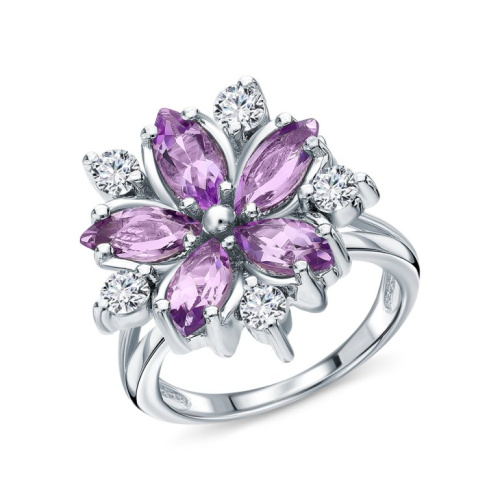 Серебряное кольцо с фианитами и аметистами природными