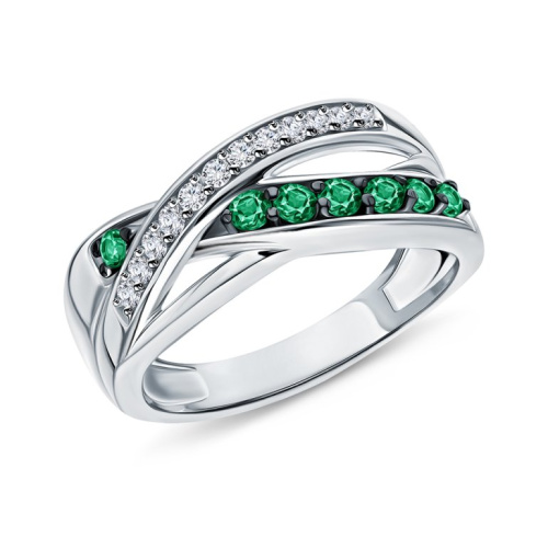 Серебряное кольцо с фианитами и изумрудами природными