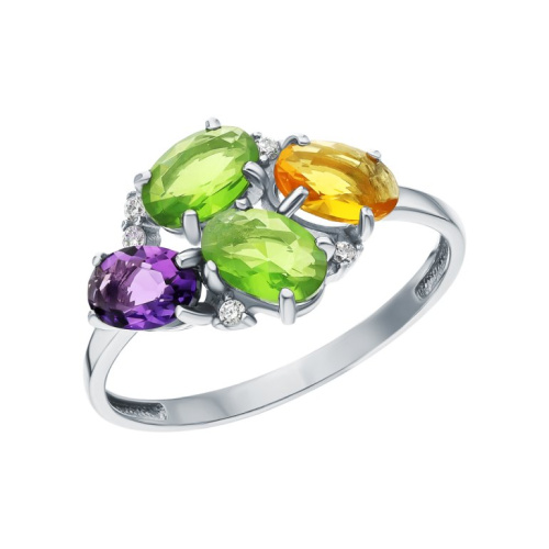Серебряное кольцо с фианитами, аметистами природными и ювелирными кристаллами