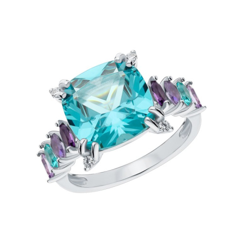 Серебряное кольцо с фианитами, корундом синтетическим, аметистами природными и наноситаллами, параибой синтетической