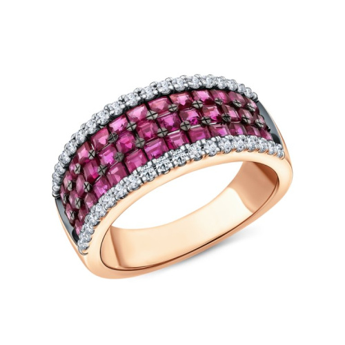 Золотое кольцо с бриллиантами природными и рубинами природными