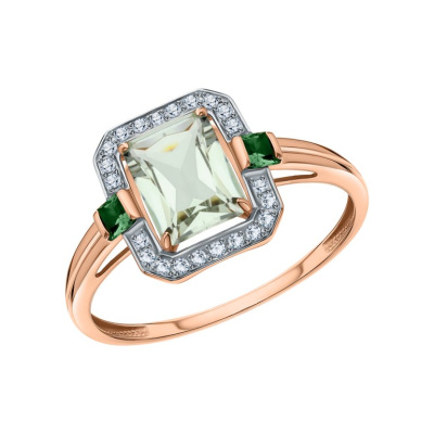 Золотое кольцо с фианитами, празиолитом природным и шпинелью