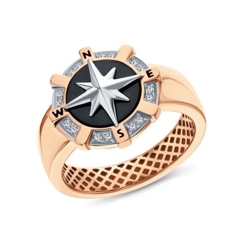 Золотое кольцо с фианитами и ониксом природным