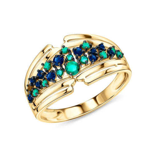 Золотое кольцо с изумрудами природными и сапфирами природными