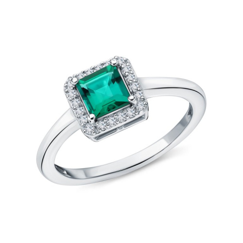 Серебряное кольцо с фианитами и изумрудами гидротермальными