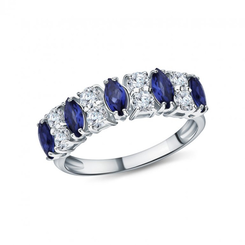 Серебряное кольцо с фианитами и сапфирами природными