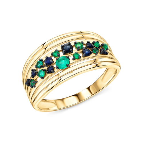 Золотое кольцо с изумрудами природными и сапфирами природными