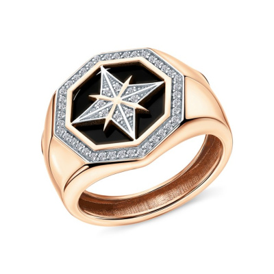 Золотое кольцо с фианитами и ониксом природным