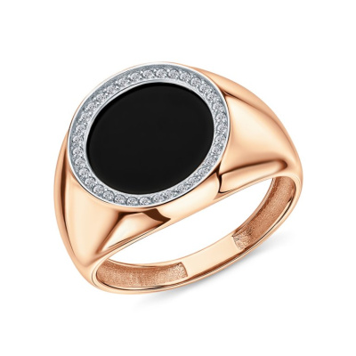 Золотое кольцо с фианитами и ониксом природным