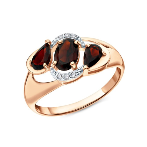 Золотое кольцо с природными гранатами  и фианитами