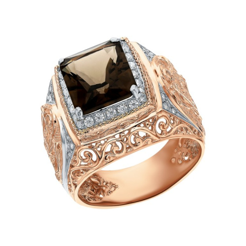 Золотое кольцо с фианитами и кварцами дымчатыми природными