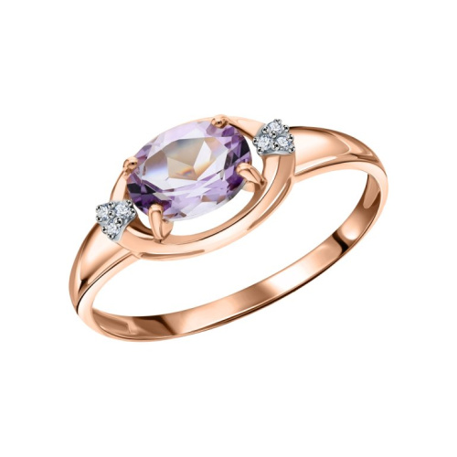 Золотое кольцо с фианитами и аметистами природными