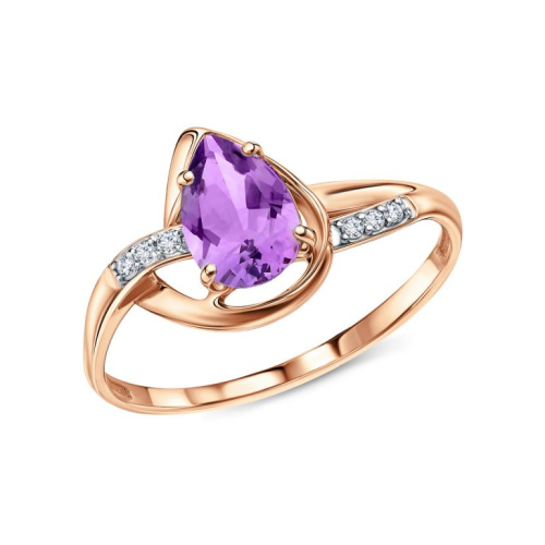 Золотое кольцо с бриллиантами природными и аметистами природными