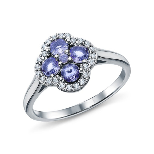 Серебряное кольцо с фианитами и танзанитами природными