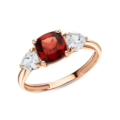 Золотое кольцо с гранатом и горным хрусталем