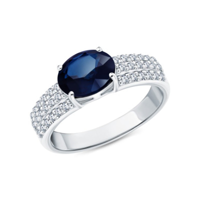Серебряное кольцо с фианитами и сапфиром природным