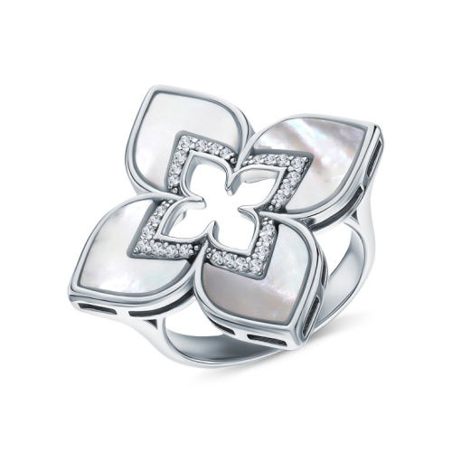 Серебряное кольцо с фианитами и перламутром природным