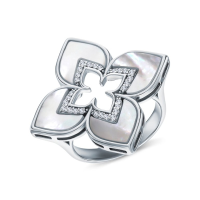 Серебряное кольцо с фианитами и перламутром природным